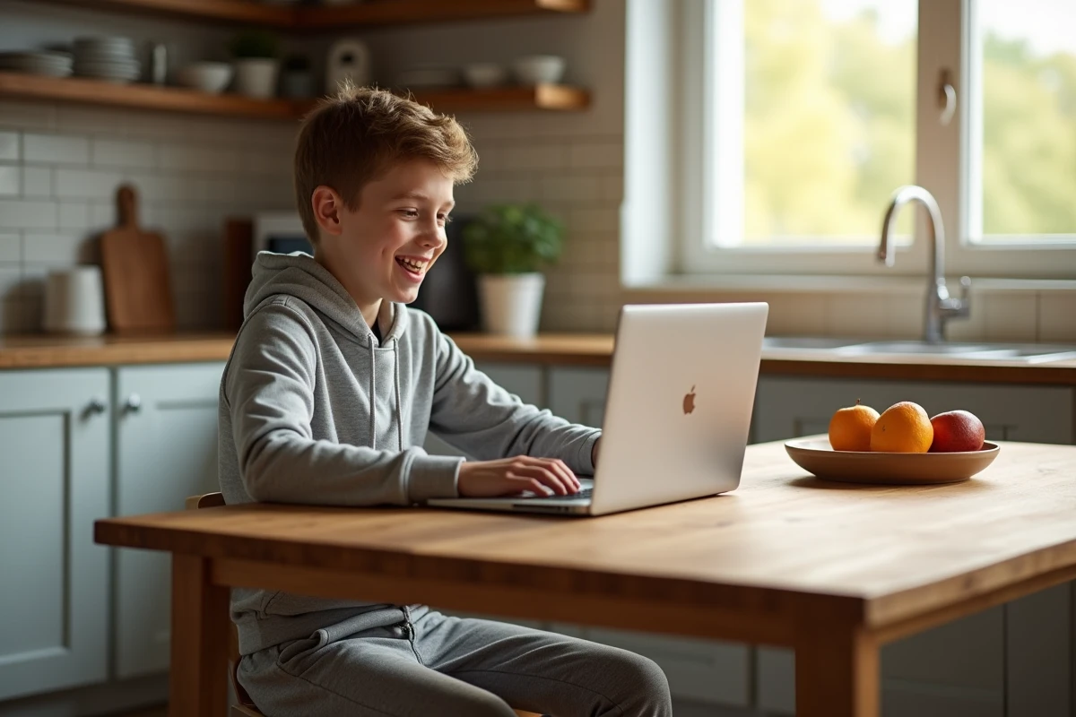 Adolescent souriant utilisant un ordinateur dans la cuisine