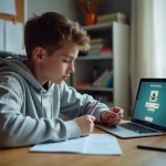 Adolescent révisant l'ASSR sur une tablette avec des notes manuscrites sur son bureau en bois