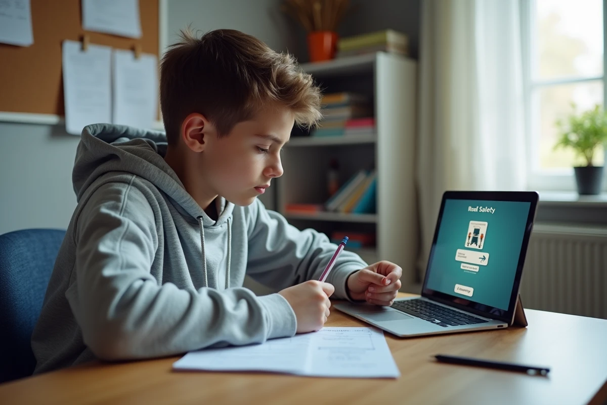 Adolescent révisant l'ASSR sur une tablette avec des notes manuscrites sur son bureau en bois