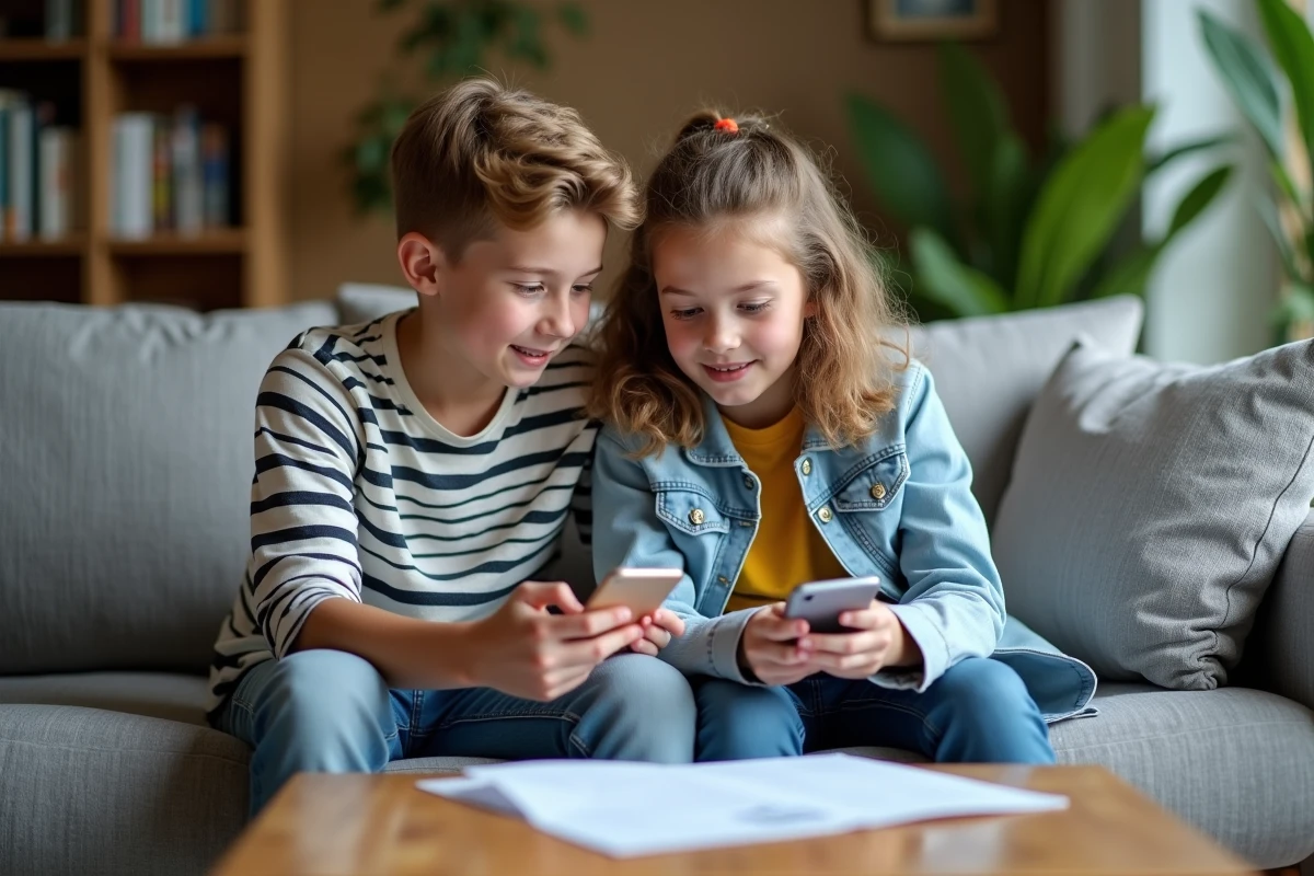 Deux adolescents qui révisent ensemble l'ASSR avec leurs smartphones et une fiche de révision dans un salon