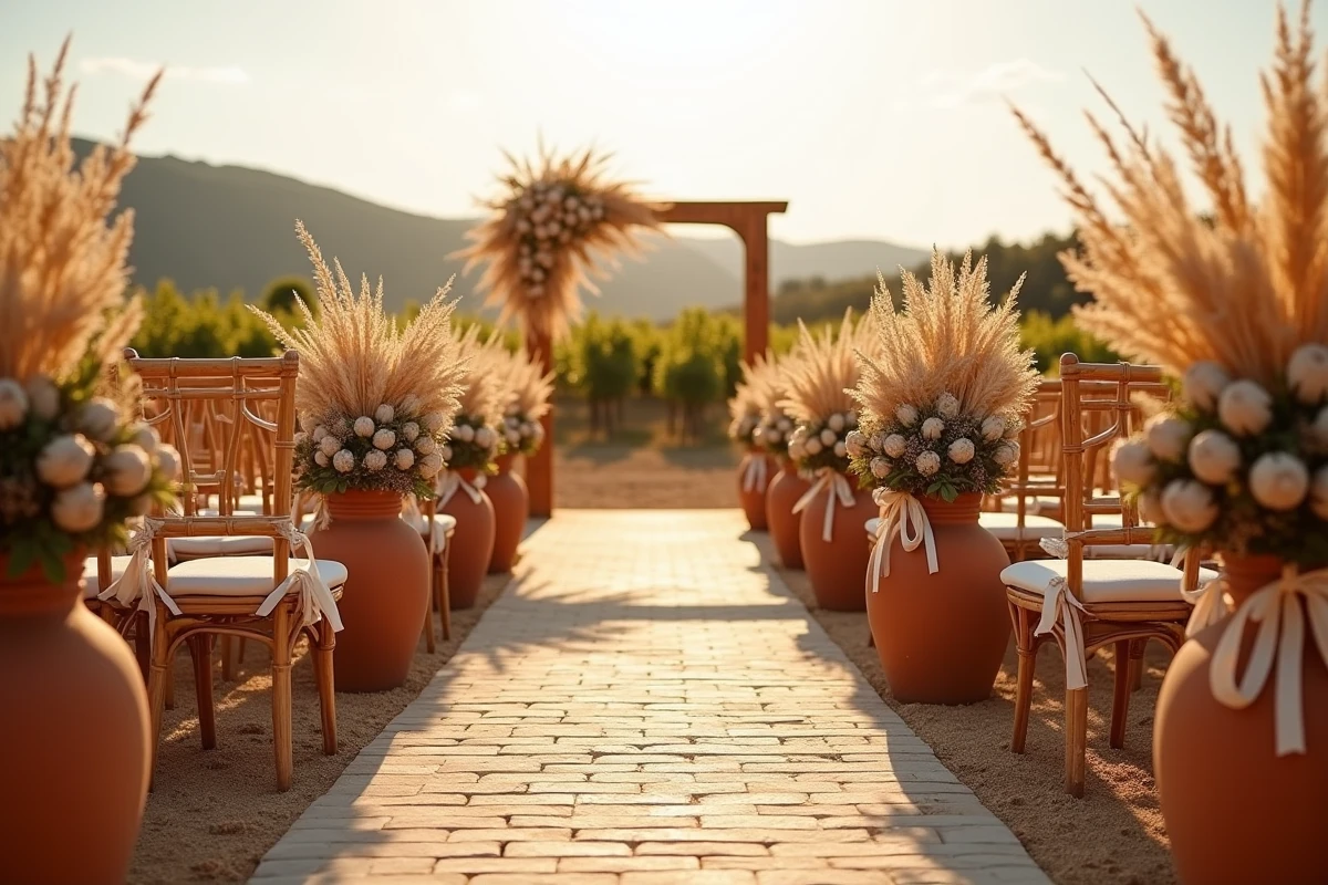 Allée de cérémonie de mariage en plein air dans un vignoble méditerranéen avec urnes en terre cuite, herbes de la pampa séchées et chaises en rotin ornées de rubans crème
