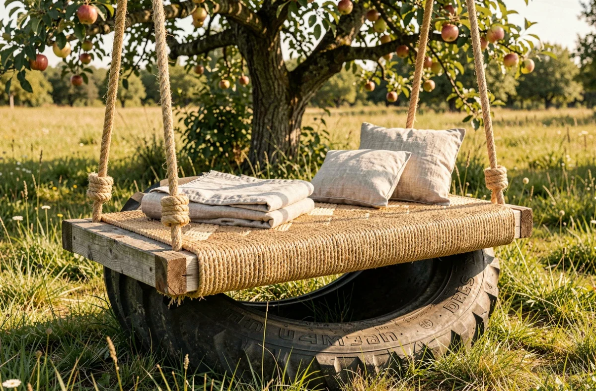 Assise de balancelle de jardin fabriquée à partir d'un grand pneu de tracteur dont la surface est tressée de corde naturelle en motif natte, suspendue par des cordes en chanvre