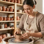 Femme pratiquant la poterie dans un atelier artisanal avec des étagères de céramiques en arrière-plan