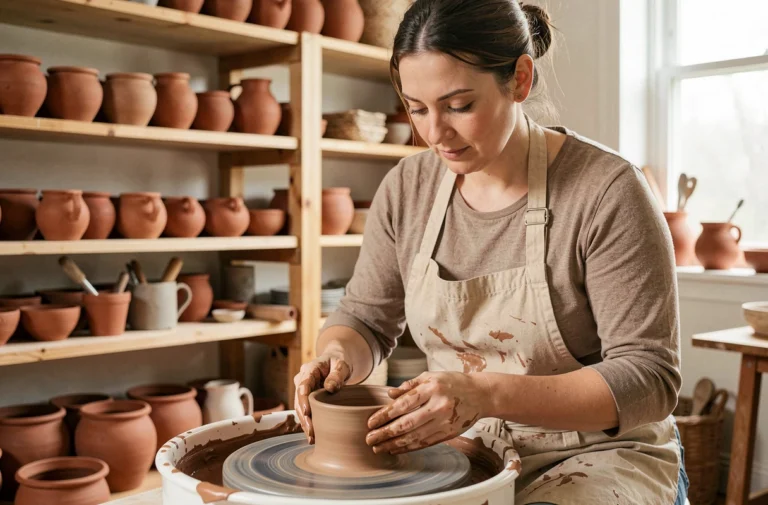 Femme pratiquant la poterie dans un atelier artisanal avec des étagères de céramiques en arrière-plan