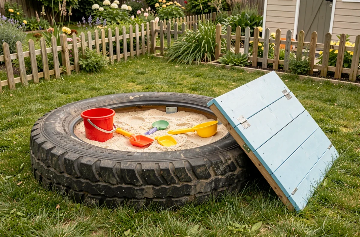 Bac à sable pour enfants fabriqué à partir d'un grand pneu de camion avec un couvercle en bois bleu peint, rempli de sable et de jouets colorés dans un jardin