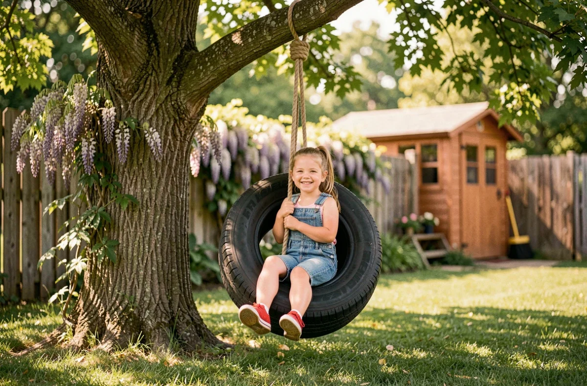 Balançoire classique fabriquée avec un pneu suspendu à une corde épaisse à une branche de chêne, avec une fillette souriante assise dedans dans un jardin ensoleillé