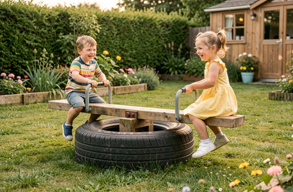 Bascule pour enfants à deux places faite d'une planche en bois équilibrée sur un grand pneu plat, avec deux enfants souriants assis à chaque extrémité dans un jardin