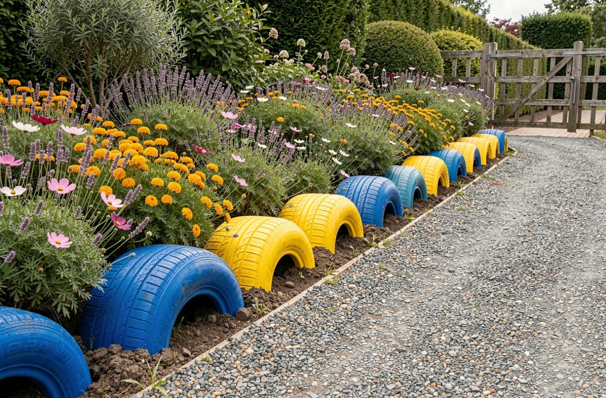 Bordure de massif floral réalisée avec des pneus peints en bleu cobalt et jaune tournesol enterrés à moitié dans le sol le long d'un chemin de jardin