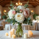 Centre de table de mariage élégant avec pivoines blanches, roses poudrées et eucalyptus dans un vase en verre, bougies crème sur nappe en lin dans une grange rustique