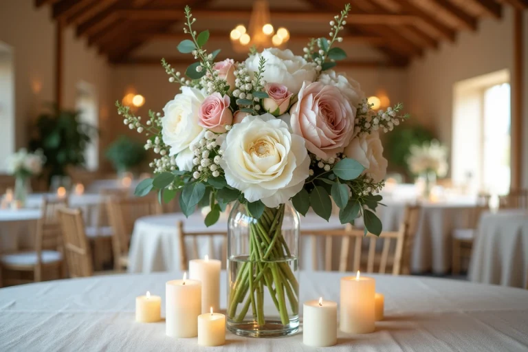 Centre de table de mariage élégant avec pivoines blanches, roses poudrées et eucalyptus dans un vase en verre, bougies crème sur nappe en lin dans une grange rustique