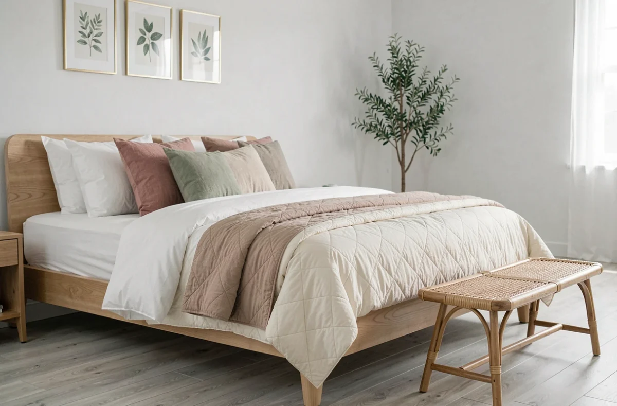 Chambre principale élégante avec literie en coton blanc, coussins texturés en lin et mur galerie de prints botaniques