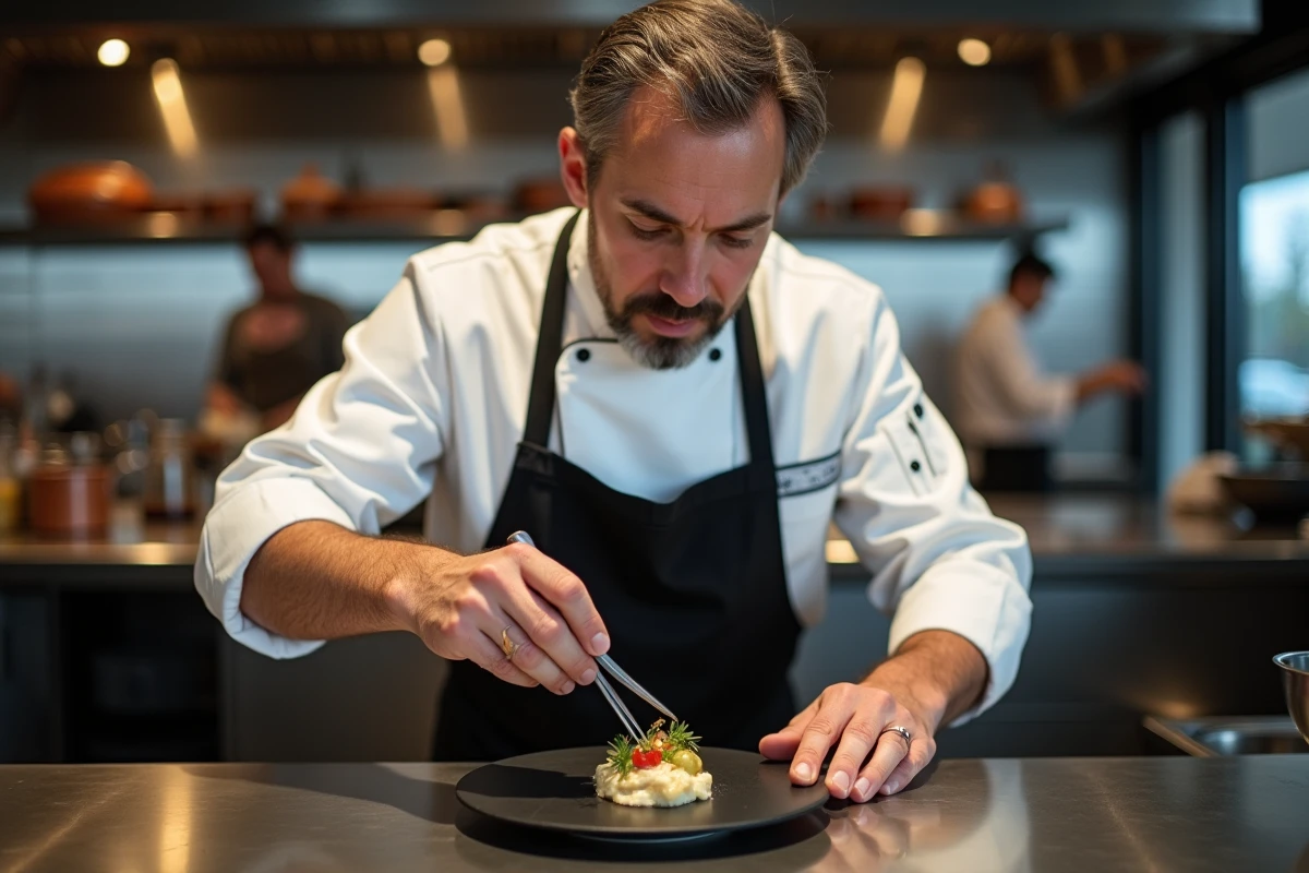 Chef étoilé en train de dresser une assiette de gastronomie française dans une cuisine de restaurant haut de gamme