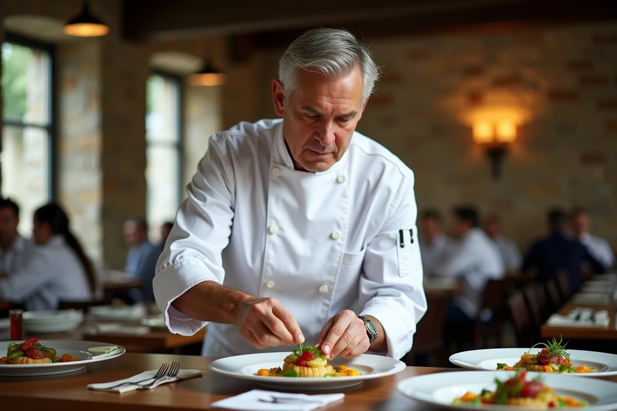 Chef en train de garnir un plat dans la cuisine du restaurant