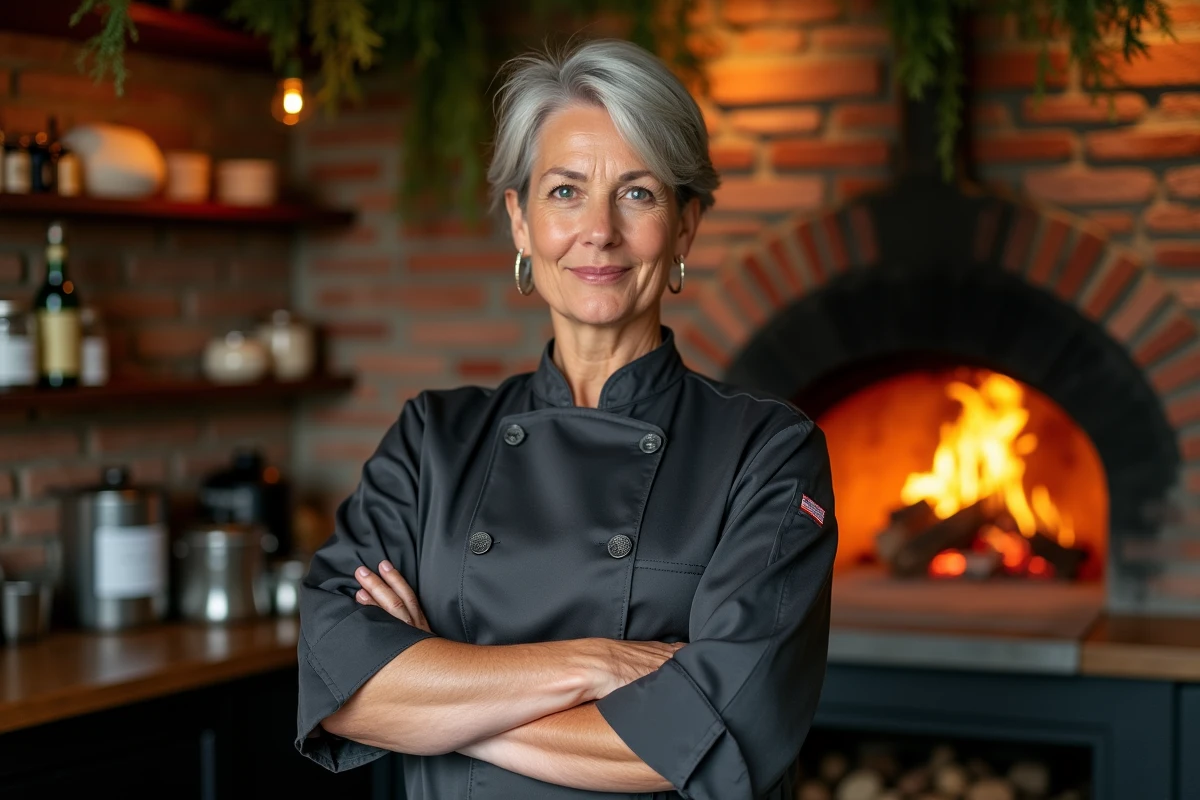 Cheffe cuisinière renommée posant devant un four à bois dans une cuisine de restaurant contemporain