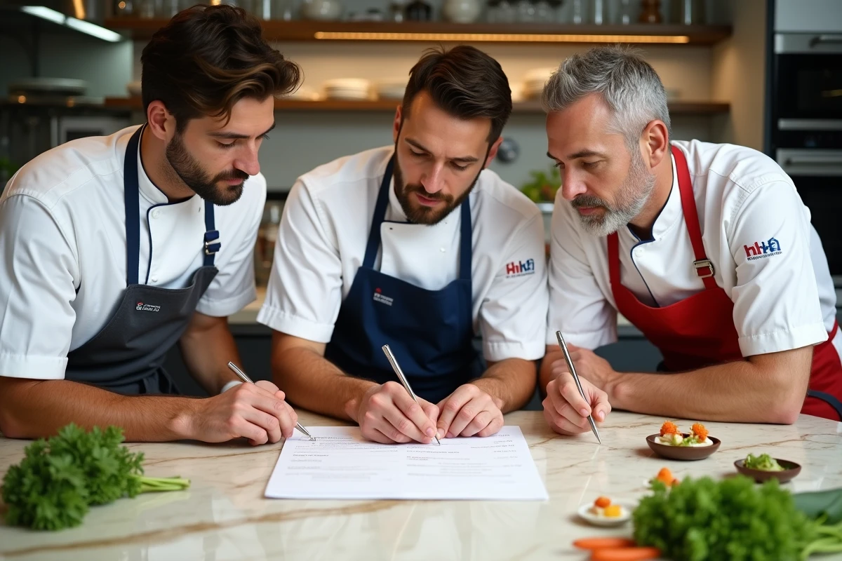 Groupe de chefs cuisiniers internationaux collaborant autour d'un menu de dégustation dans une cuisine test moderne