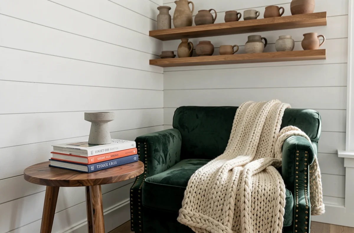 Coin lecture scandinave avec fauteuil en velours vert, table en noyer et étagère de céramiques artisanales décoratives