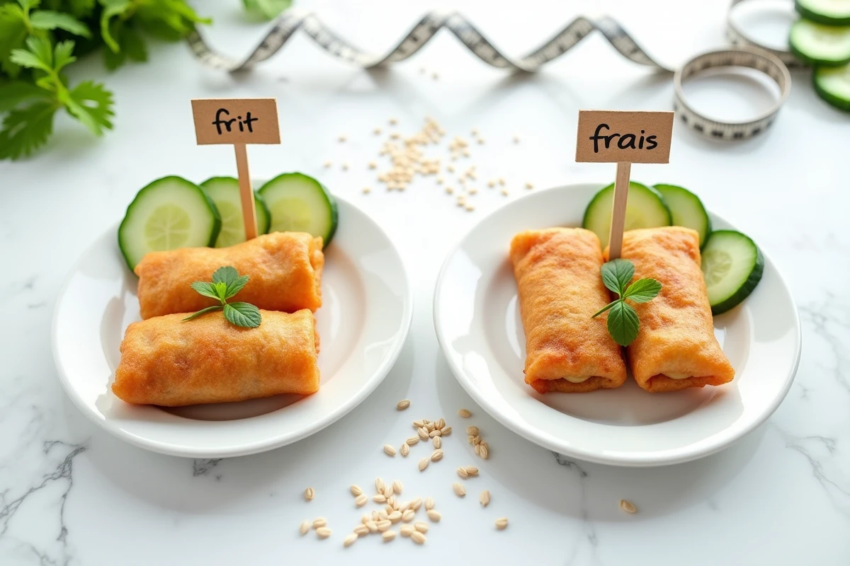 Comparaison visuelle entre nems frits et nems frais sur marbre blanc pour analyse calorique