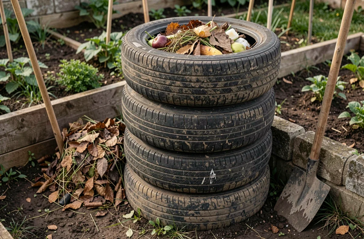 Composteur de jardin empilé fait de quatre pneus usagés empilés verticalement remplis de déchets organiques et de feuilles dans un coin de potager