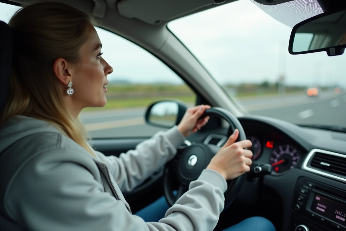Conductrice détendue au volant d'une voiture de 90 chevaux sur l'autoroute, illustrant le confort et la praticité au quotidien d'un moteur modeste