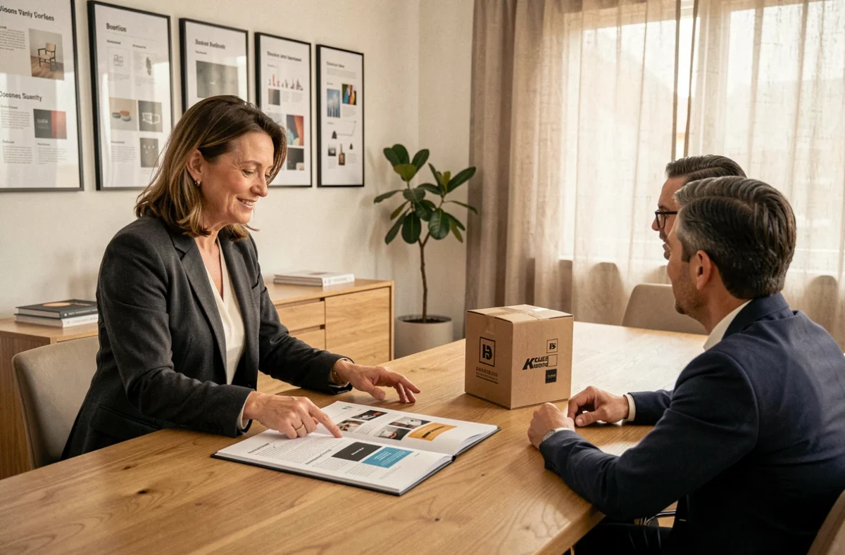 Consultante en identité de marque présentant un projet de communication visuelle à des clients dans un studio professionnel élégant