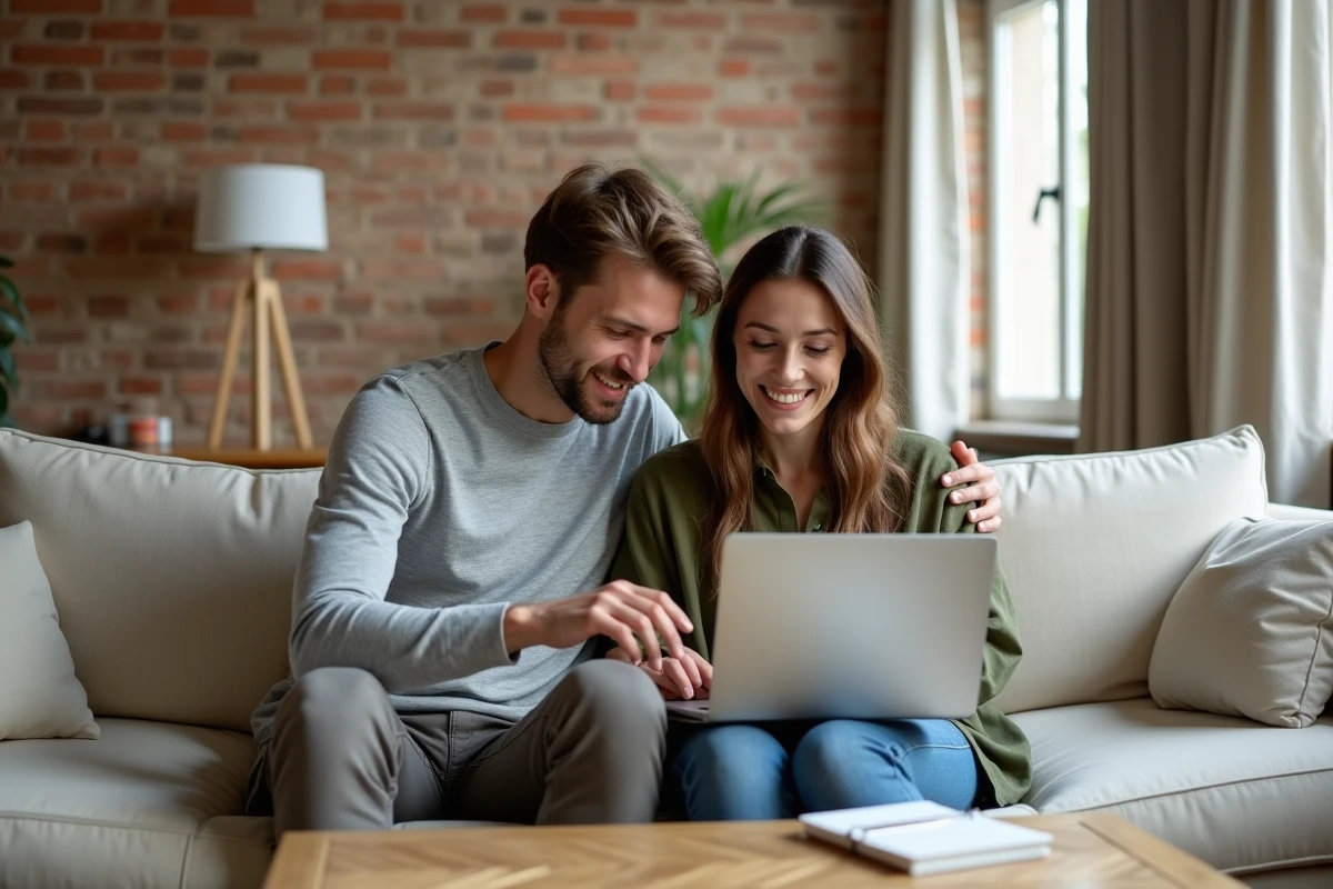 Couple de jeunes adultes consultant un portail immobilier en ligne depuis leur salon pour préparer un achat immobilier