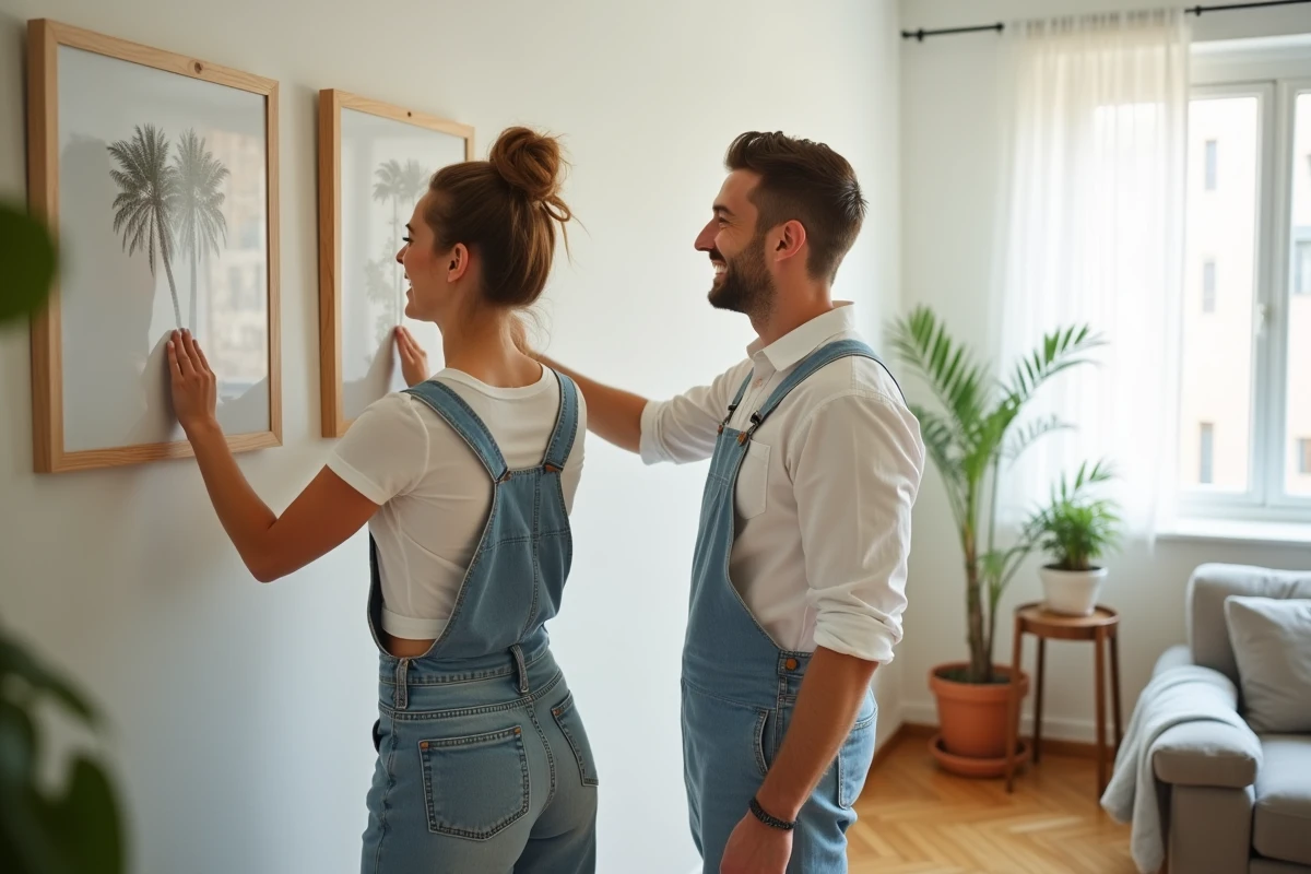 Jeune couple accrochant des cadres dans un appartement lumineux