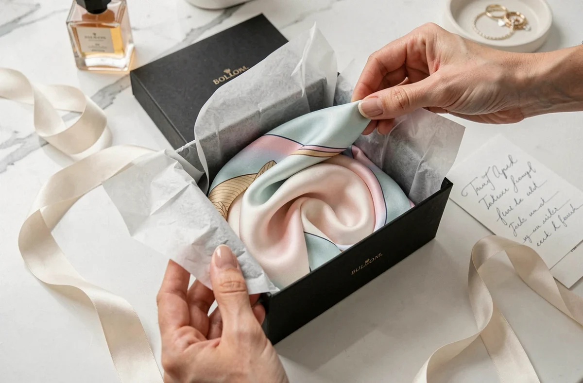 Déballage d'une commande de luxe en ligne avec foulard en soie dans un emballage premium élégant
