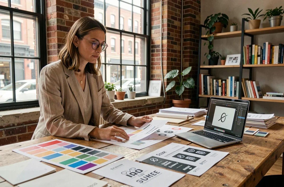 Directrice artistique travaillant sur des maquettes de communication visuelle dans un studio créatif moderne