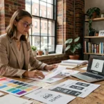 Directrice artistique travaillant sur des maquettes de communication visuelle dans un studio créatif moderne