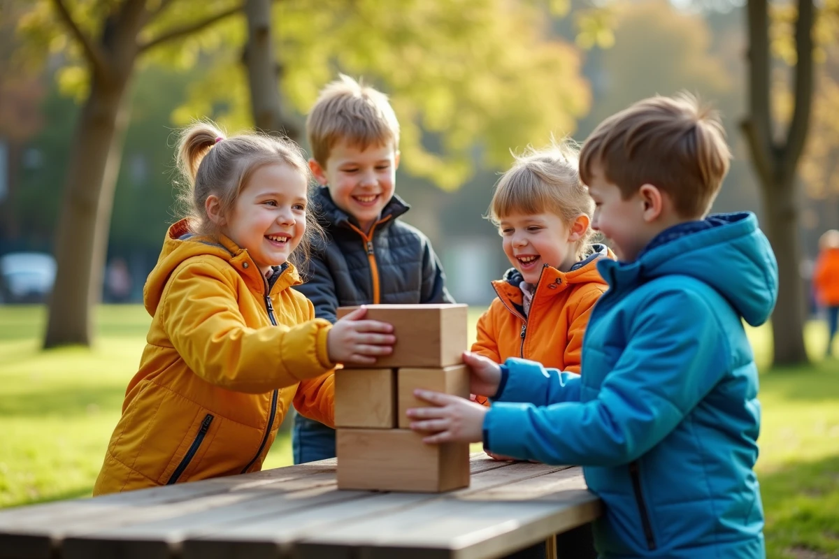 Trois enfants jouant avec des blocs dans un parc urbain