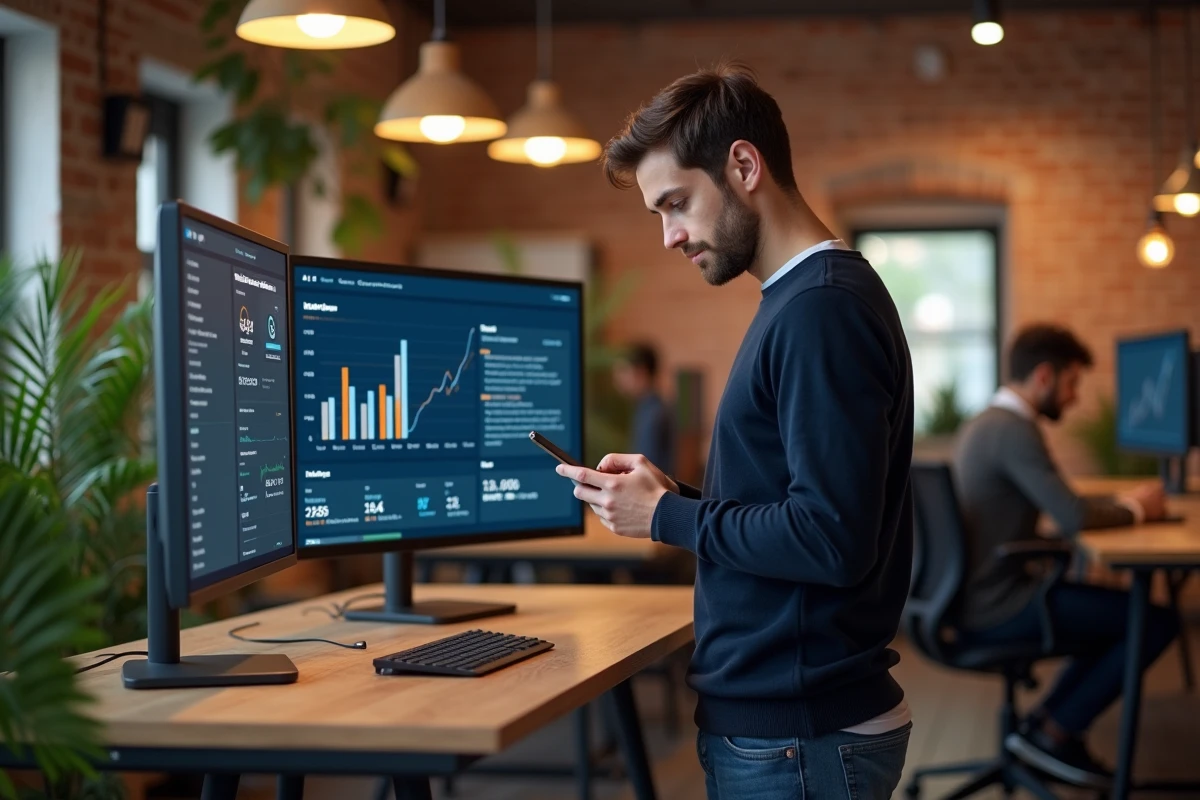 Entrepreneur masculin consultant des statistiques e-commerce sur un écran dans un espace de coworking moderne