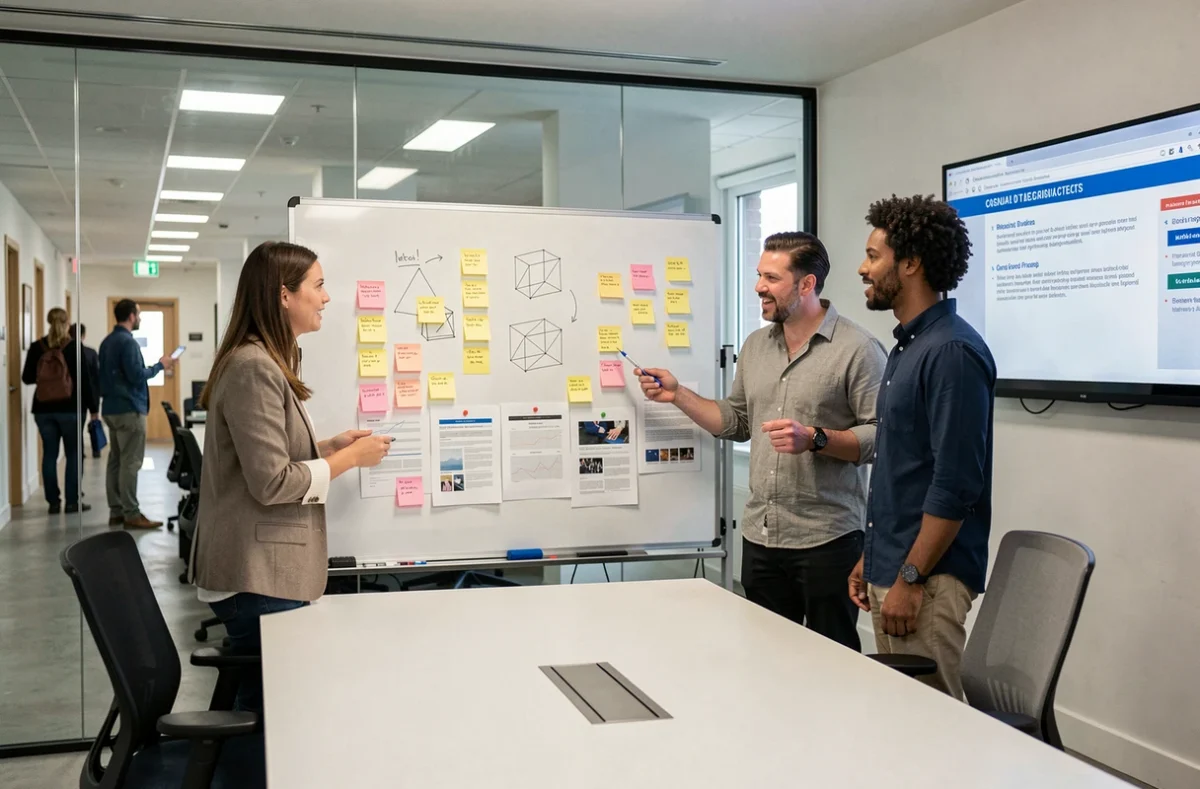 Équipe de communication réunie en session de brainstorming créatif autour d'un tableau blanc dans une salle de réunion vitrée