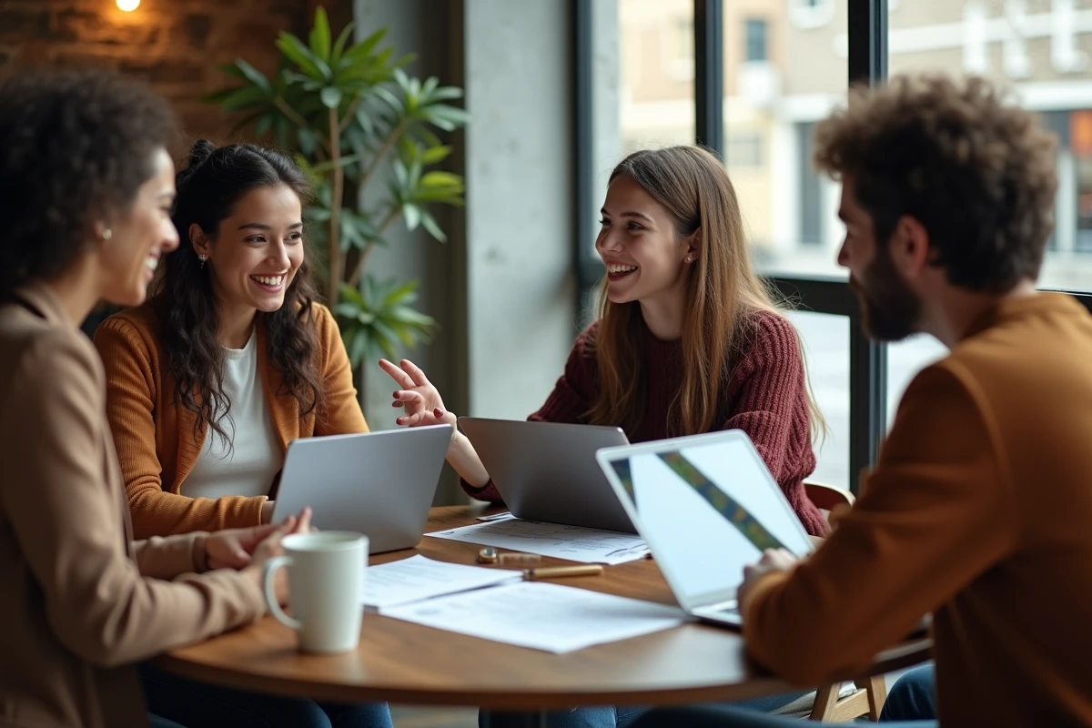 Équipe de jeunes entrepreneurs collaborant sur une stratégie de business en ligne autour d'une table de café