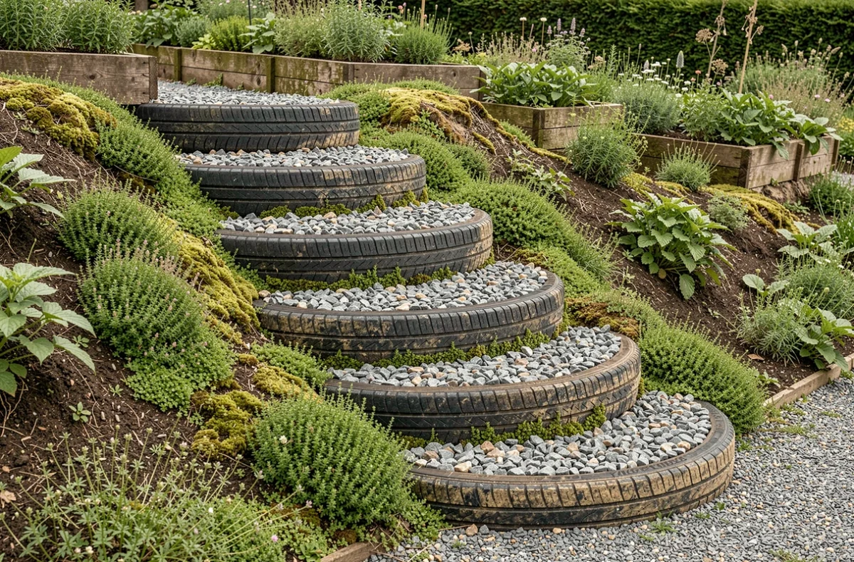 Escalier de jardin en pente réalisé avec cinq pneus remplis de gravier encastrés dans un talus, bordés de thym rampant et de mousse