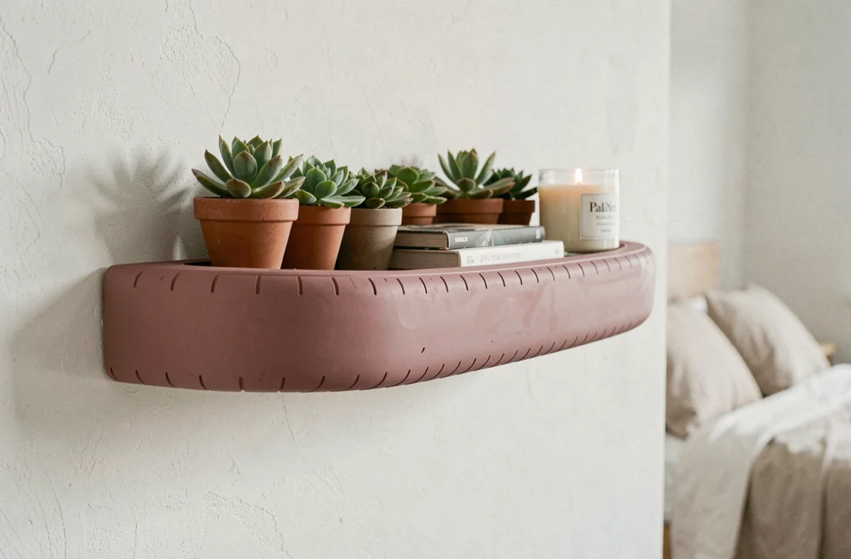 Étagère murale en demi-pneu peint en rose poudré montée sur un mur blanc, garnie de succulentes, de livres et d'une bougie dans une chambre