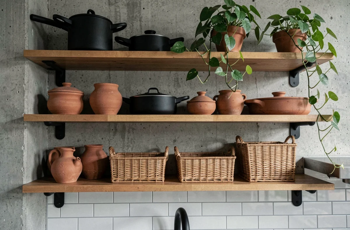 Étagères de cuisine ouvertes dans un loft moderne avec poterie artisanale, paniers en rotin et plantes vertes