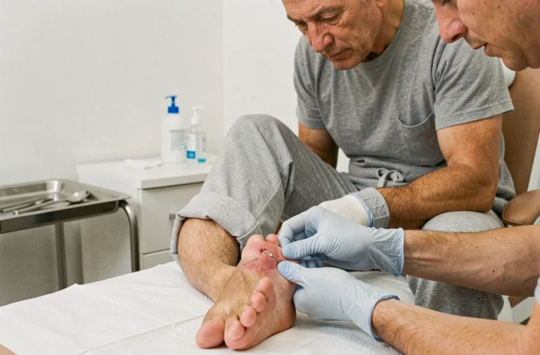 Podologue examinant un ongle incarné sur le gros orteil d'un patient adulte en cabinet médical