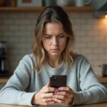 Femme consultant son smartphone face à un appel d'un numéro inconnu dans une cuisine moderne