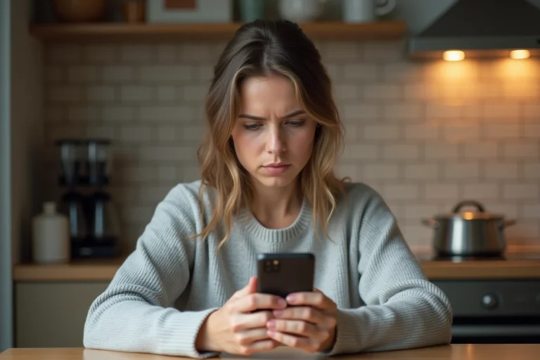 Femme consultant son smartphone face à un appel d'un numéro inconnu dans une cuisine moderne