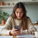 Jeune femme consultant une application de prêt en ligne sur son smartphone à la maison