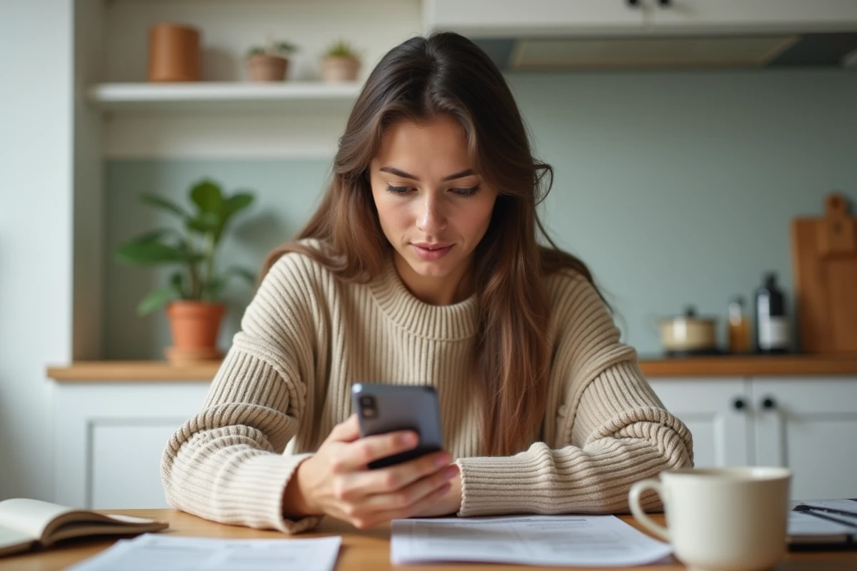 Jeune femme consultant une application de prêt en ligne sur son smartphone à la maison