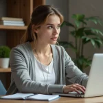Jeune femme concentrée travaillant sur son ordinateur dans un bureau moderne