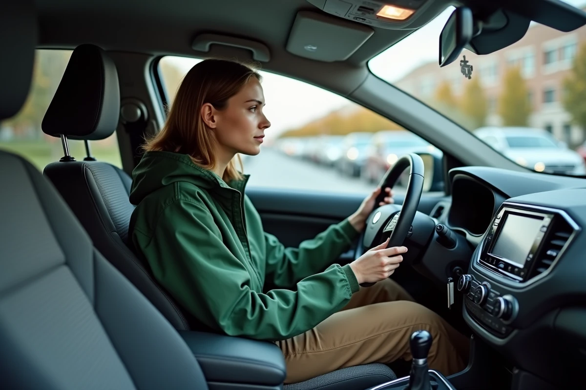 Jeune femme attentive au moteur dans une voiture en ville