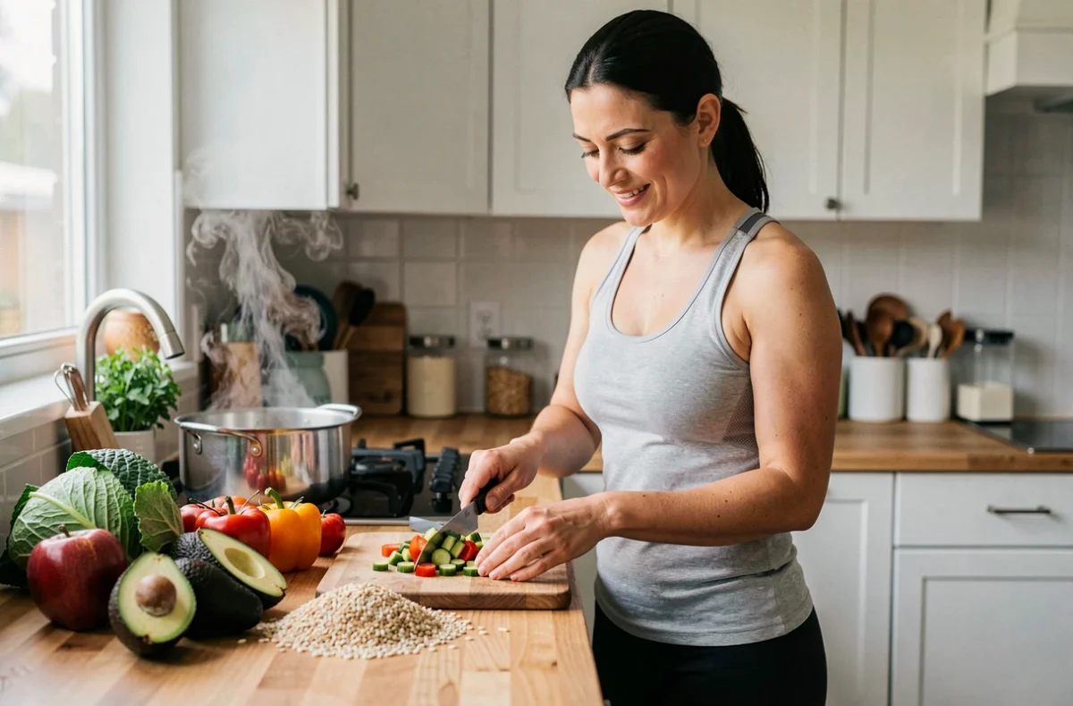 Femme préparant un repas sain et équilibré dans une cuisine moderne pour accompagner une perte de poids durable
