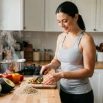 Femme préparant un repas sain et équilibré dans une cuisine moderne pour accompagner une perte de poids durable