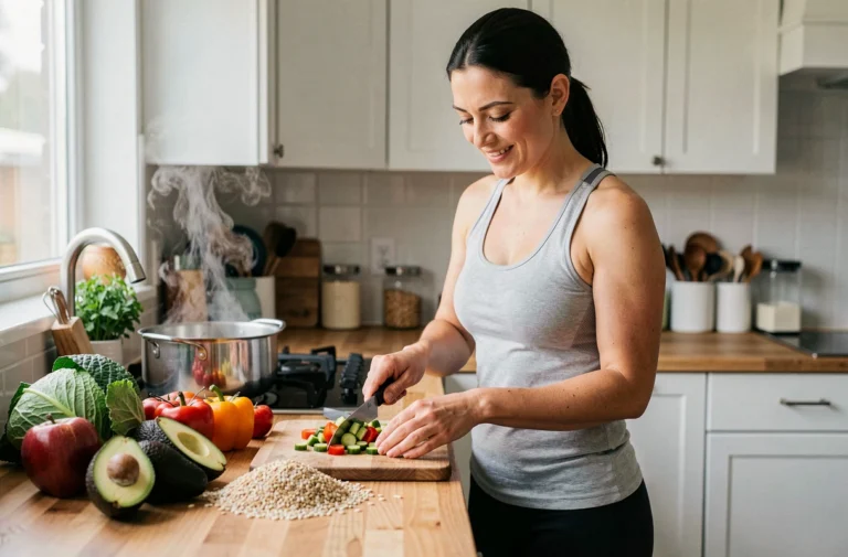Femme préparant un repas sain et équilibré dans une cuisine moderne pour accompagner une perte de poids durable