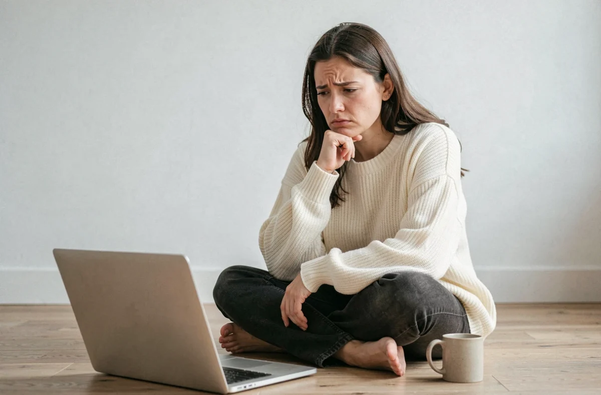 Femme déçue regardant un écran d'ordinateur portable, réaction à l'annulation d'une série Netflix comme White Lines