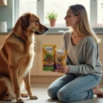 Femme avec son chien dans la cuisine moderne