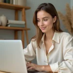 Femme parcourant un site web de décoration intérieure sur un ordinateur portable dans un bureau minimaliste au style scandinave