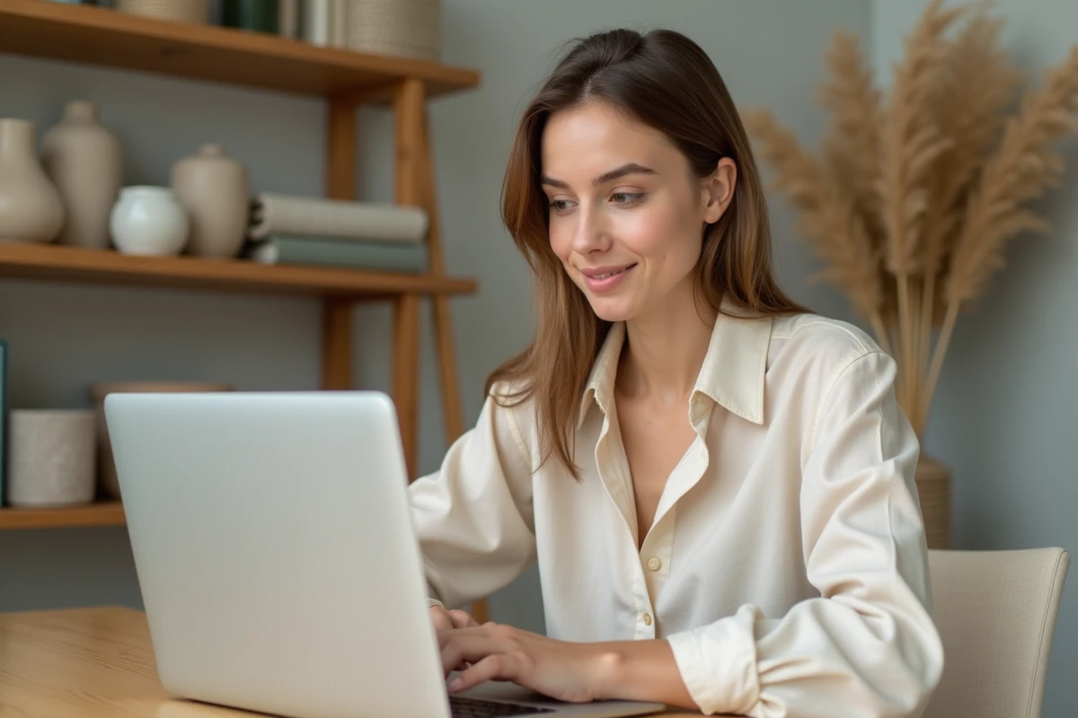 Femme parcourant un site web de décoration intérieure sur un ordinateur portable dans un bureau minimaliste au style scandinave